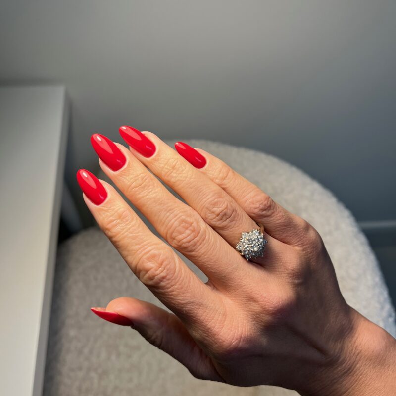 Long nails, luxury manicure, red nails, almond nails, russian manicure