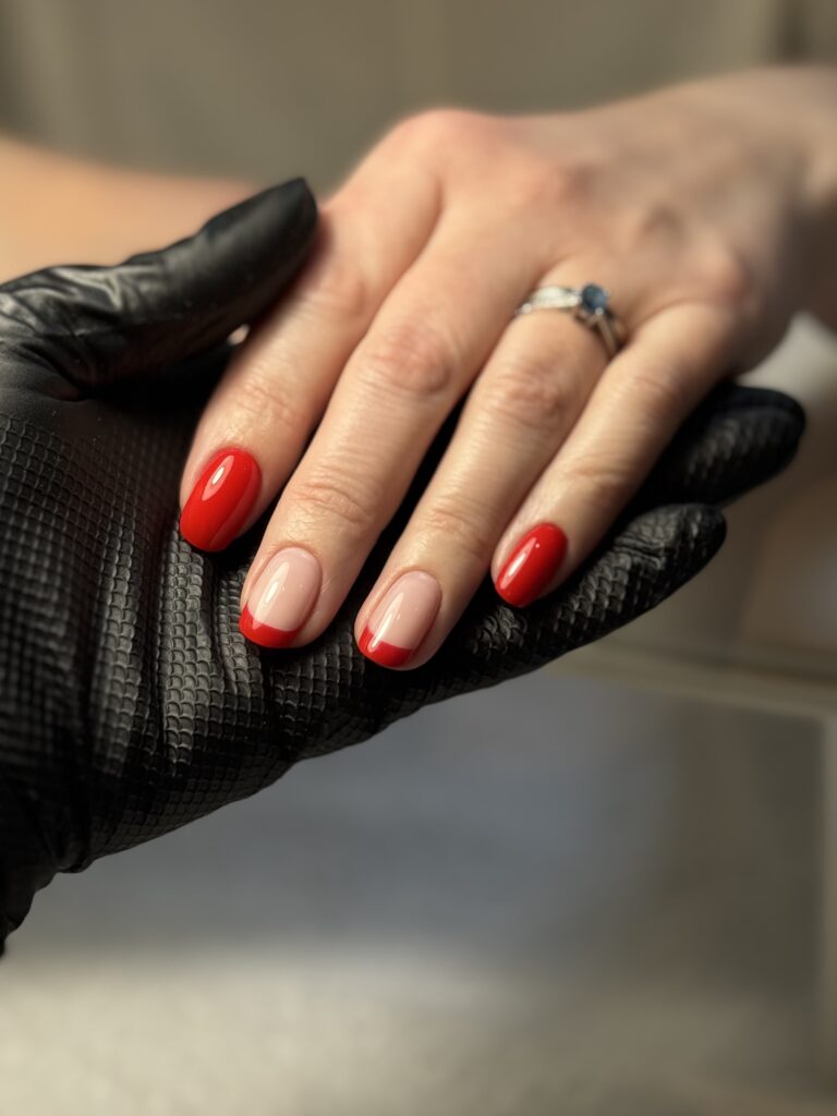 gel manicure, bright red, and french tip